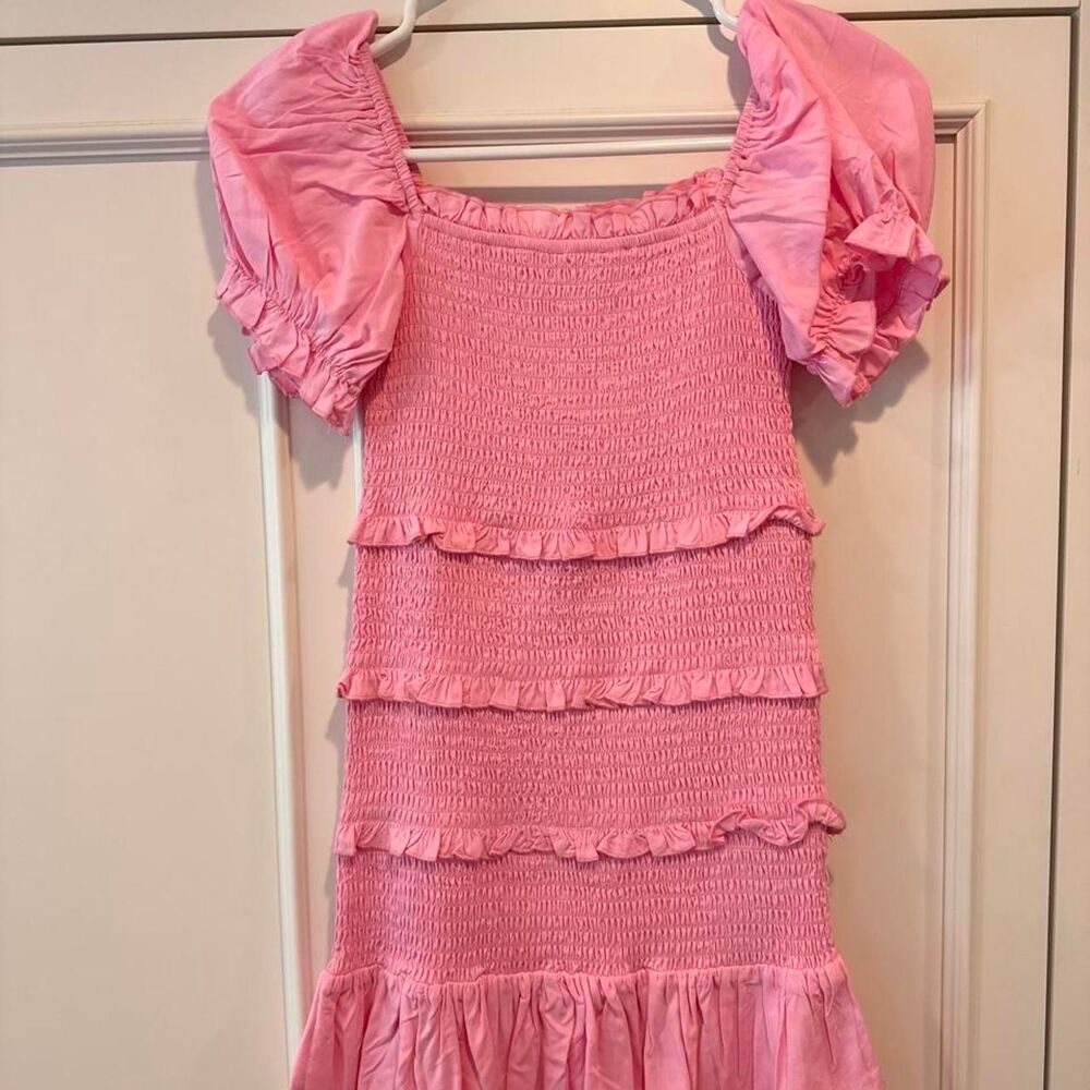 Katie J NYC Pink Smocked Puff Sleeve Ruffle Mini Dress Girls XL